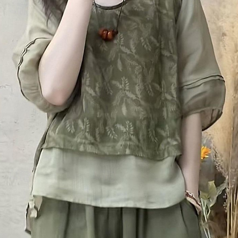 Women's Active Fashion Cotton Linen Sets Blouse Pants Sets 3/4 Length Sleeve Crew Neck Printing Patchwork Holiday Weekend Army Green Summer Regular Fit2