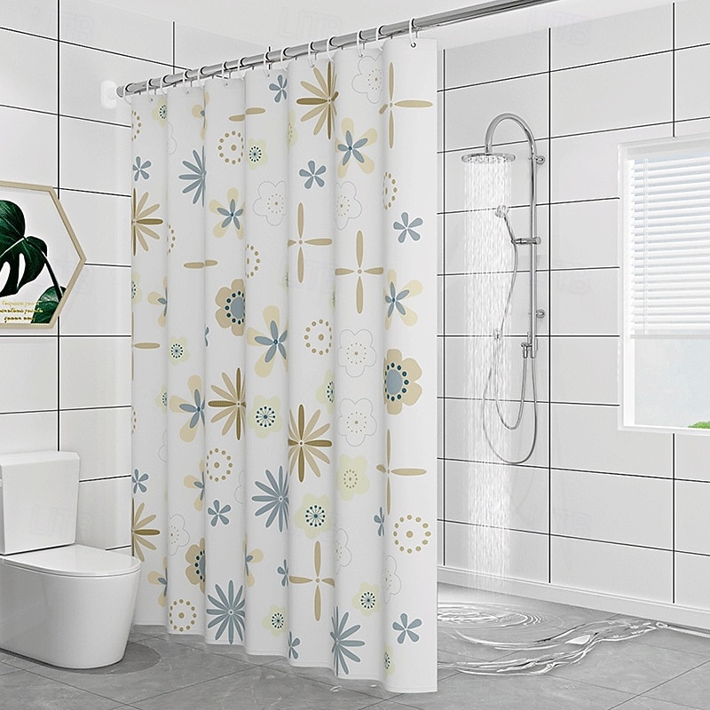 PEVA Shower Curtain Floral Pattern Printed Bath Curtain Waterproof Mildew Proof, Including Hooks 180x180cm 70"x70" 240cm Long3