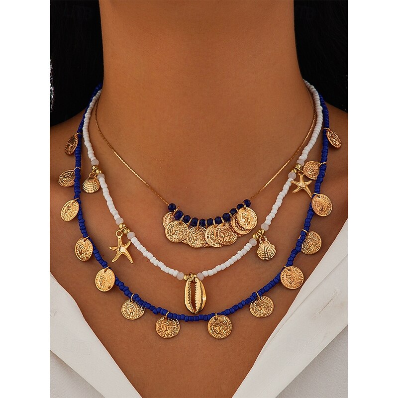 Gold and Blue Beaded Shell and Coin Charm Necklace Set for Women – Beach Boho Style Layered Necklaces with Starfish and Shell Accents for Summer and Vacation2