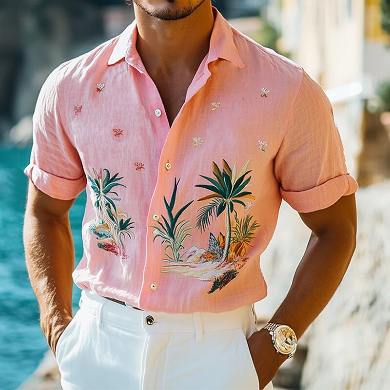 Men's Linen Shirt Summer Shirt Beach Wear Button Up Shirt Palm Tree Vacation Holiday Pink Short Sleeve Turndown Summer Spring Clothing Apparel
