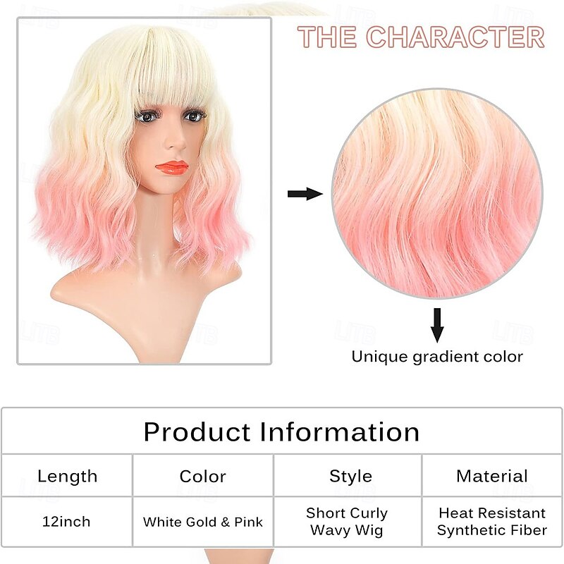 Ombre 2 Tone Color Curly Bob Wig With Air Bangs Natural Curly Wavy Short Bob Wigs Shoulder Length Wigs Synthetic Cosplay for Girl Colorful Wigs 12'' Blond to Pink 180.0 grams 1.0 count3