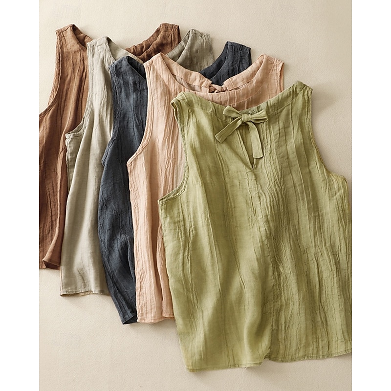 Women's Linen-Inspired Sets Cotton Linen Vest Blouse Plain Modern Casual Sleeveless Crew Neck Regular Tops Daily Holiday Going out Pink Red Green Apricot Summer
