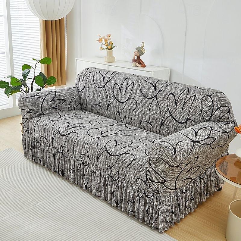 1PC Sofa Cover With Ruffle Fashionable Elastic Close Fitting Details Stretchable Machine Washable Reactive Printing - Suitable For Armchairs Double Sofas Triple And Quadruple Sofa Cover2