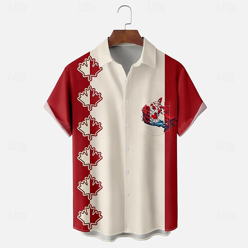 Canada Day Men's Flag Maple Leaf Shirt Summer Shirt Button Up Shirt Short Sleeve Fashion Casual Holiday Summer Spring Turndown 3D Print Collared Shirts Front One Pocket Apricot