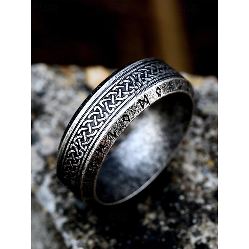 Men's Viking Stainless Steel Ring with Nordic Runes and Celtic Knot Design, Vintage Norse Style Band for Bikers and Cosplay2
