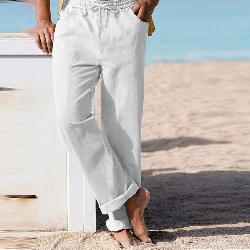 Men's Linen Pants Trousers Summer Pants Beach Pants Drawstring Elastic Waist Straight Leg Plain Comfort Breathable Full Length Casual Daily Holiday Vacation Fashion White Sky Blue3