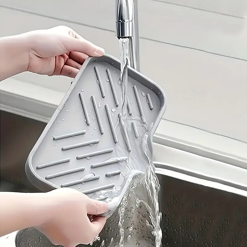 Sink Storage Box with Drainage, Kitchen Faucet Splash Guard, Soap Dispenser and Sponge Holder, Multifunctional Gray Countertop and Bathroom Tray, Practical Kitchen Organizer2