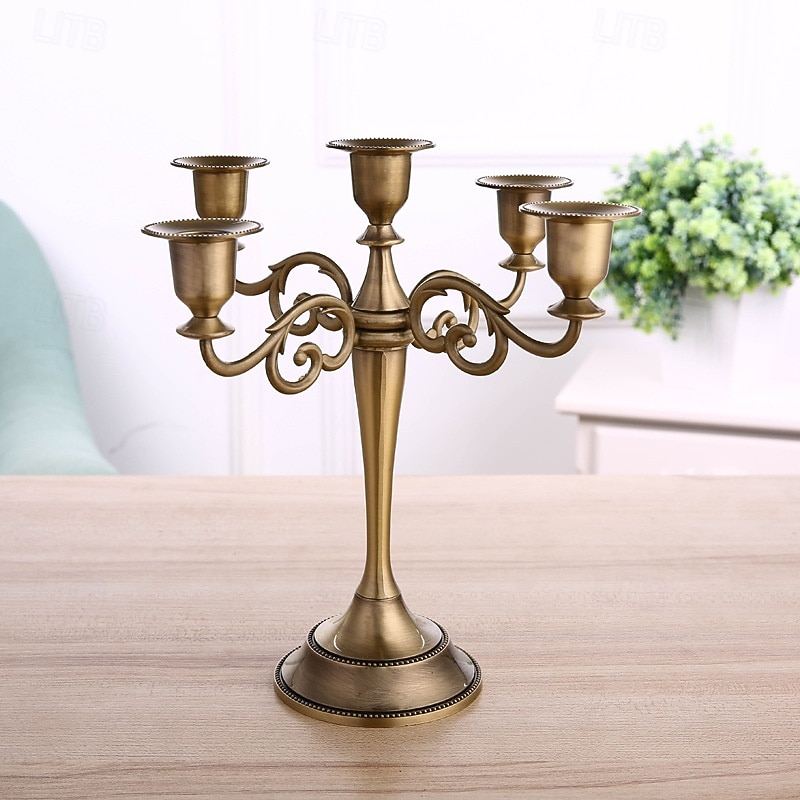 Vintage Gold Candelabra Candle Holder, 5 Arm Metal Taper Candle Stand for Table Centerpiece, European Retro Candlestick for Wedding Hotel Birthday Decor4