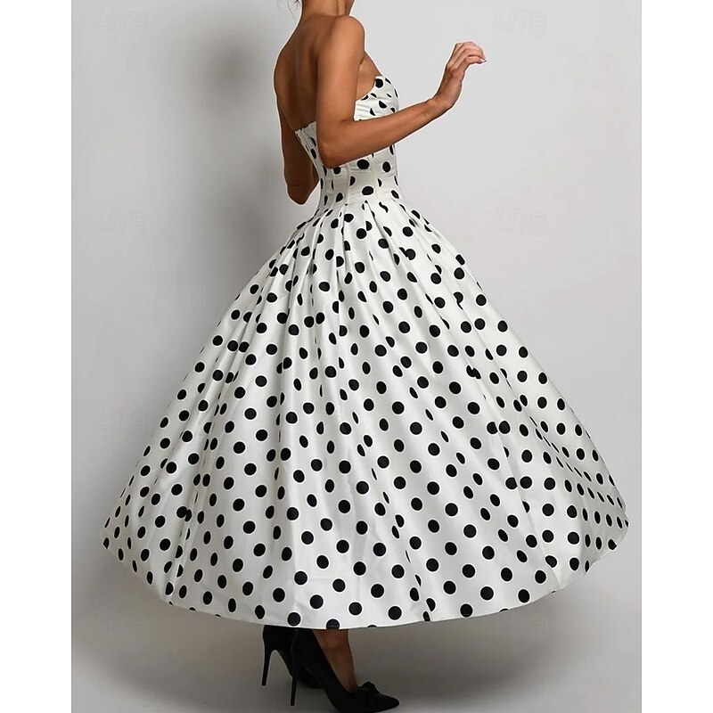 Drop Waist Corset Dress A-Line Cocktail Dresses Polka Dots Dress Formal Wedding Semi Formal Dress Tea Length Midi Length Sleeveless Sweetheart Satin with Pleats Wedding Guest Dress3