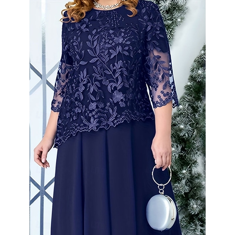 A-Line Plus Size Dress Mother of the Bride Curve Dress Elegant Crew Neck Ankle Length Lace 3/4 Length Sleeve with Solid Color2
