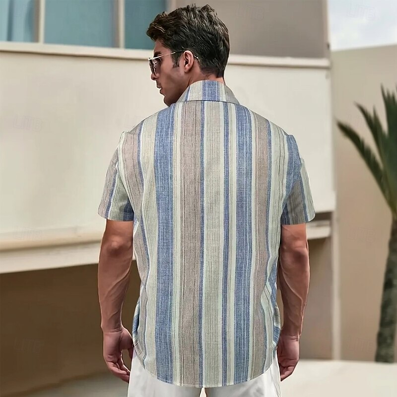 Men's Geometric Striped Shirt Summer Shirt Button Up Shirt Short Sleeve Fashion Casual Vacation Holiday Streetwear Summer Turndown 3D Print Front One Pocket Linen Like Shirt Khaki2
