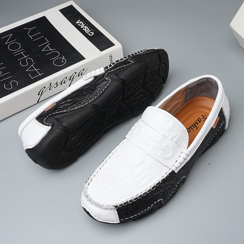 Men's White Faux Leather Loafers with Black Crocodile Texture – Elegant and Stylish Slip-On Shoes for Semi-Formal Events, Weddings and Casual Gatherings3