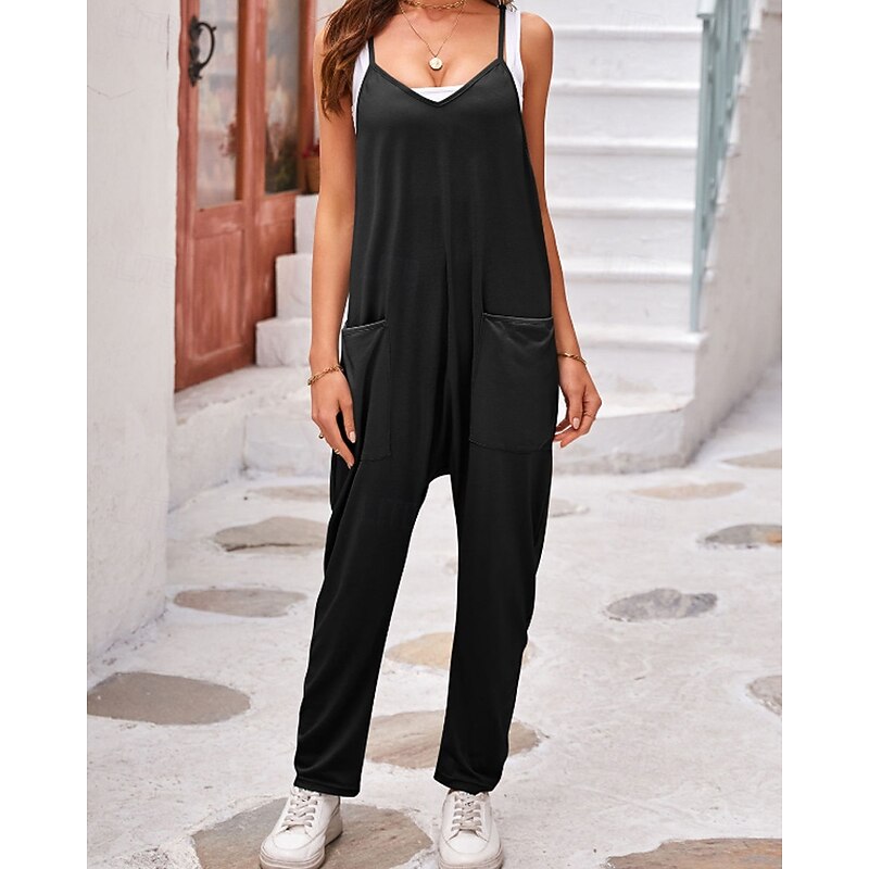 Women's Normal Jumpsuit Streetwear Solid Color Sleeveless V Neck Pocket Street Going out Regular Fit Black Army Green Khaki Summer4