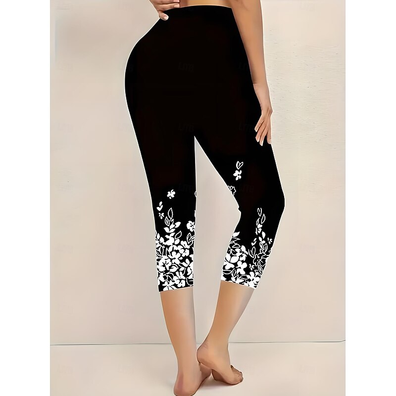 Women's Leggings Capri Pants High Elasticity Vacation Vintage Fashion Calf-Length Mid Waist Floral Graphic Printing Breathable Soft Stretchy Vacation Casual Daily Black sky blue Green3