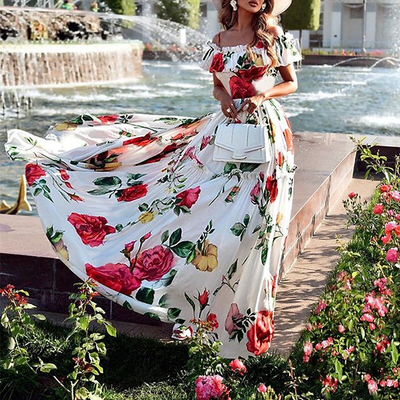Women's Long Dress Maxi Dress Cocktail Dress Print Dress Fashion Modern Outdoor Vacation Tea Party Regular Fit Flower Short Sleeve Off Shoulder White Summer2