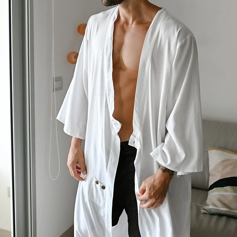 Men's Summer Shirt Casual Shirt Beach Shirt Shrugs White Long Sleeve Solid / Plain Color Deep V Vacation Hawaiian Clothing Apparel Polyester Fashion Casual Comfortable