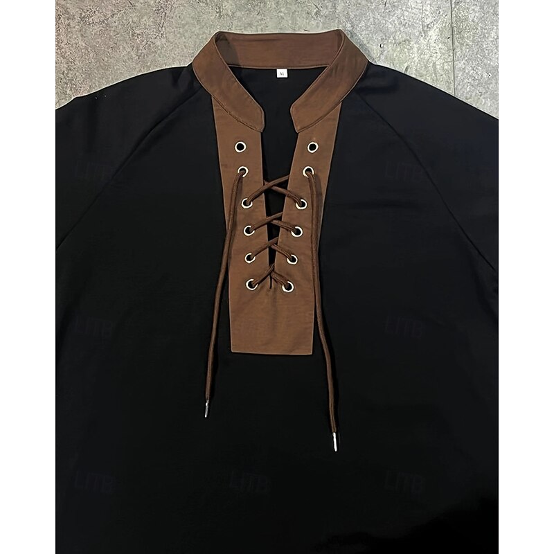 Men's T Shirt Tee Short Sleeve Shirt Tee Top Short Sleeve Stand Collar Summer Color Block Fashion Designer Basic Lace up Vacation Street Going out Black Apricot Top Tee for Men4