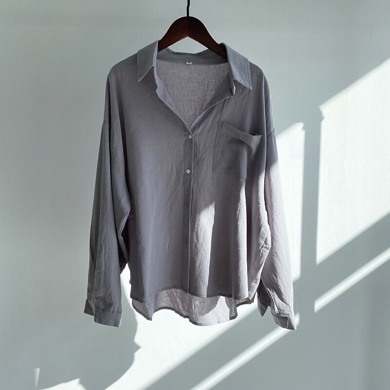 Women's Shirt Cotton Linen Shirts Blouse Plain Modern Casual Long Sleeve Shirt Collar Regular Tops Daily Holiday Going out Buttons Pocket Light Green Pink Blue Apricot Gray Summer3