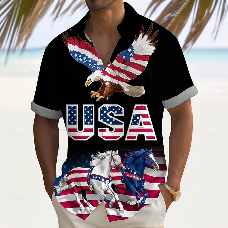Independence Day Men's American US Flag Eagle Patriotic Shirt Summer Shirt Button Up Shirt Short Sleeve Fashion Casual Holiday Summer Spring Turndown 3D Print Collared Shirts Front One Pocket Black
