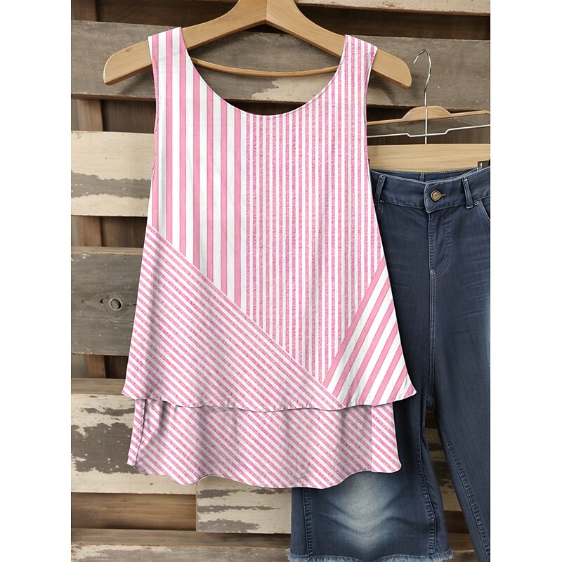 Women's Camisole Tank Top Graphic Striped Elegant Romantic Casual Sleeveless V Neck Regular Tops Daily Patchwork Print Pink Blue Purple Green Summer Spring2