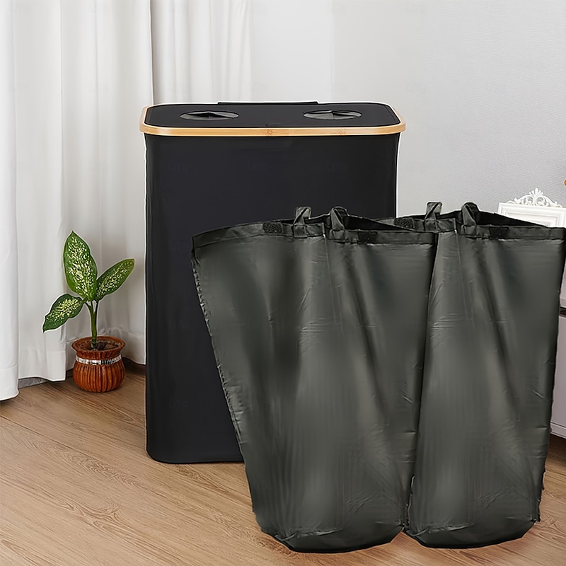 Recycling Bin Double Hole Oxford Cloth , 140L Bamboo Frame Laundry Basket with Lid and 2 Polyester Inner Bags, Foldable Indoor Trash and Recycling Container2