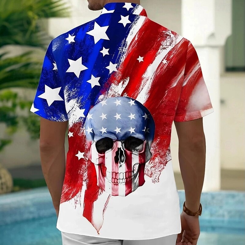 Independence Day Men's American US Flag Patriotic Skulls Shirt Summer Shirt Button Up Shirt Short Sleeve Fashion Casual Holiday Summer Spring Turndown 3D Print Collared Shirts Front One Pocket White2