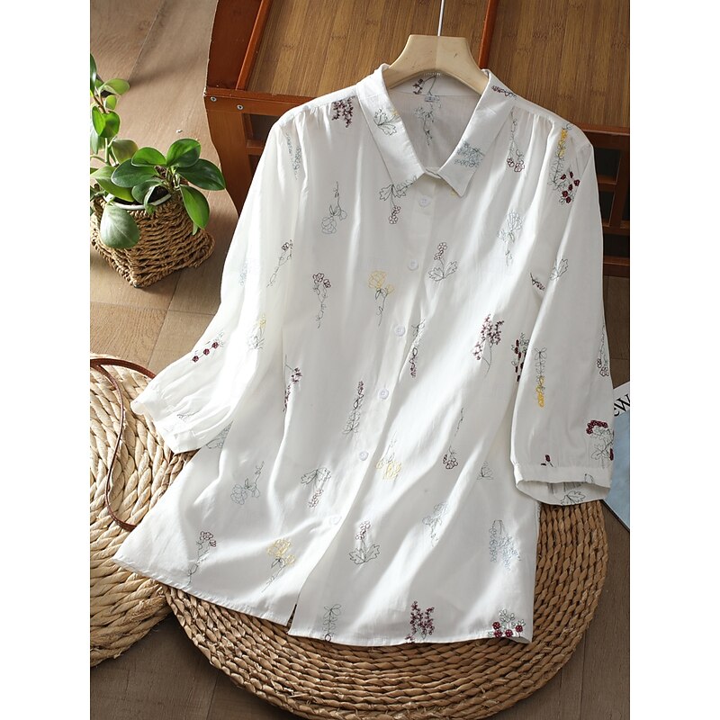 Women's Shirt Solid Color Floral Casual Boho 3/4 Length Sleeve Elbow Sleeve Shirt Collar Regular Tops Daily Going out Embroidered White Summer