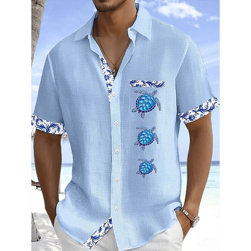 Men's Shirt Linen Shirt Summer Shirt Beach Shirt Button Up Shirt Turtle Vacation Holiday White Pink Sky Blue Green Short Sleeve Turndown Summer Clothing Apparel Front Pocket