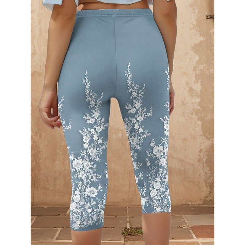 Women's Leggings Capri Pants 3D Print High Elasticity Vacation Vintage Fashion Calf-Length High Waist Floral Graphic Printing Breathable Soft Stretchy Formal Vacation Office Robin's Egg Blue2