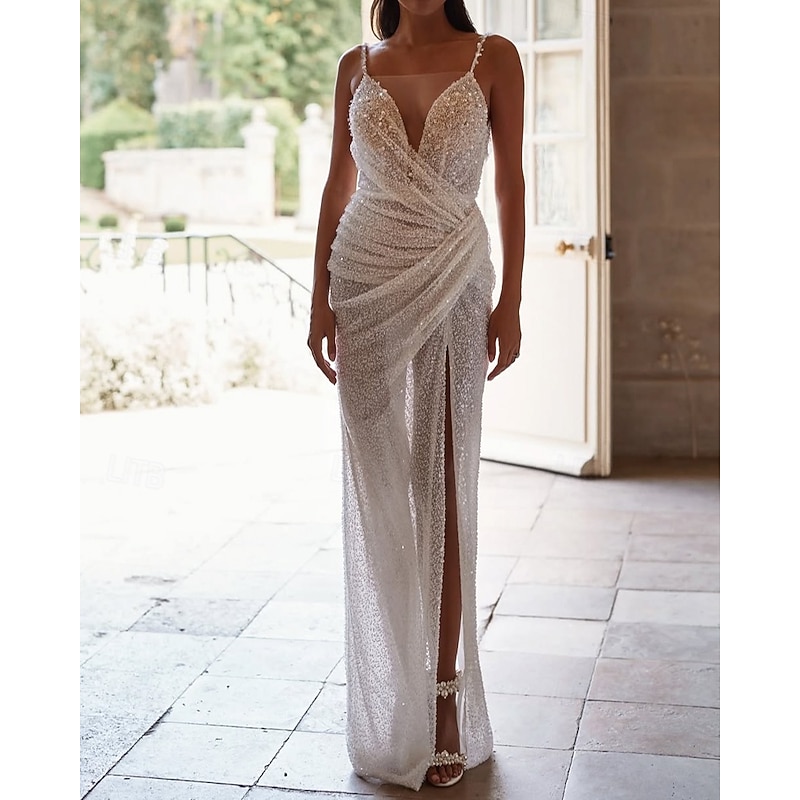 Beaded Wedding Dress Formal Glitter & Sparkle Wedding Dresses Mermaid / Trumpet V Neck Sleeveless Floor Length Lace Bridal Gowns With Ruched Details 2