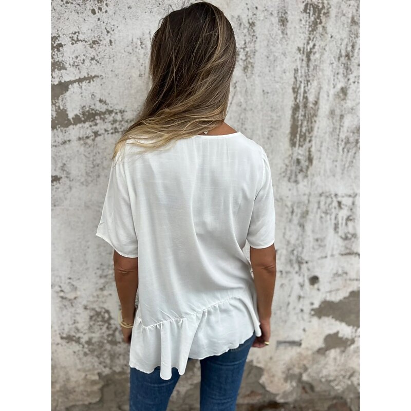Women's Cotton Linen Shirts Solid Color Daily Modern Short Sleeve Crew Neck Regular Tops Daily Holiday Ruffle Black White Pink Blue Summer4