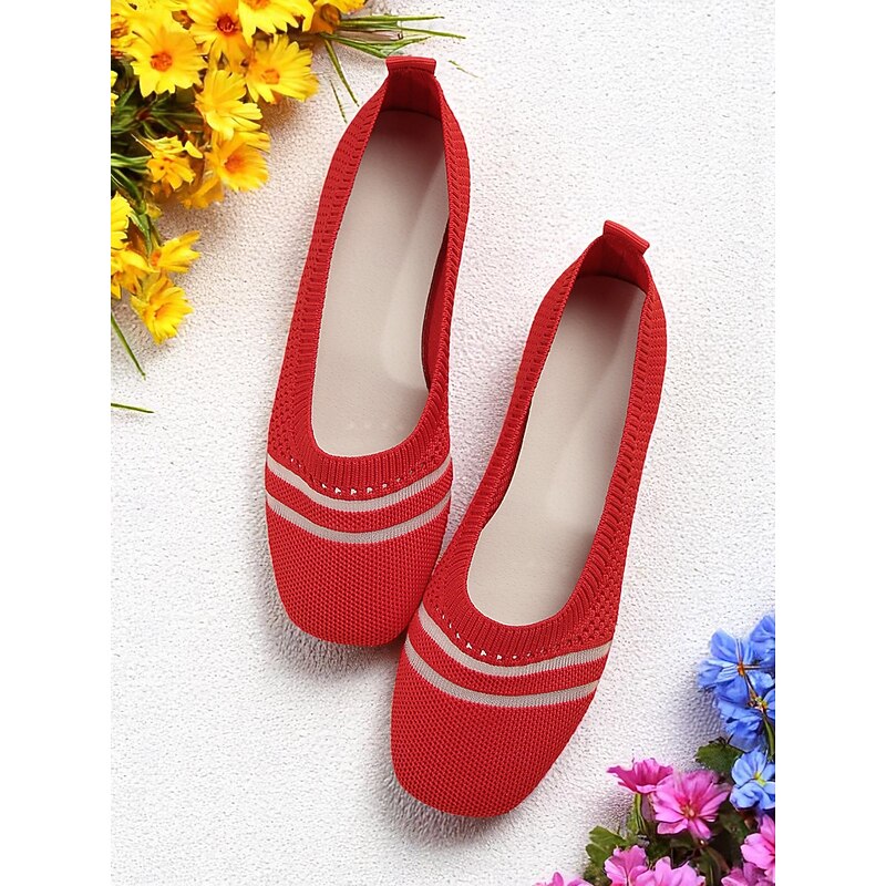 Women's Red Breathable Flyknit Ballet Flats with Striped Design – Lightweight Casual Shoes for Daily Wear, Travel or Garden Walks4
