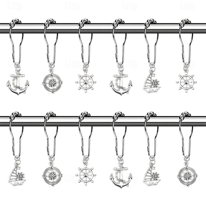 Nautical Shower Curtain Hook 1pc Rustproof Polished Chrome with Antique Silvery, Anchor & Rudder Pendants for Bathroom Decor4