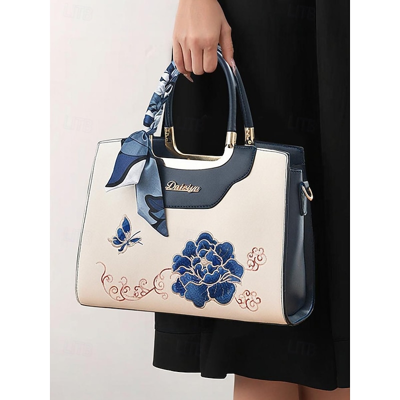 Women's Embroidered Faux Leather Handbag with Scarf Accent – Elegant Floral Top Handle and Shoulder Bag for Office, Weddings and Daily Outings2