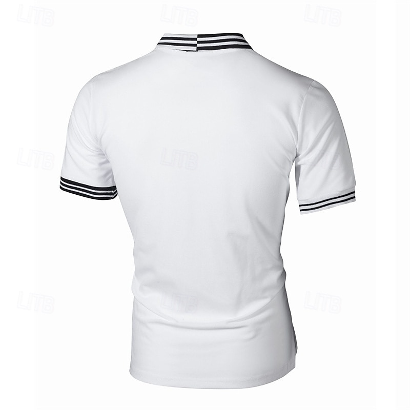 Men's Striped Polo Golf Shirt Short Sleeve Lapel Fashion Casual Outdoor Sport Daily Buttons Splice Summer White Red Navy Blue2