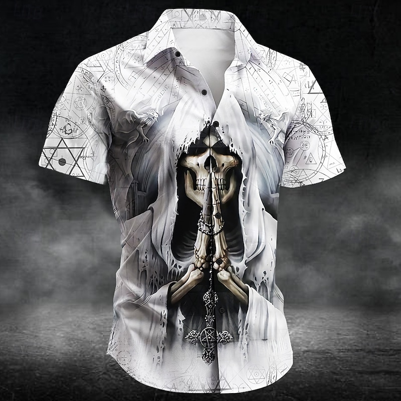 Men's Skull Dark Gothic Shirt Summer Shirt Button Up Shirt Short Sleeve Vintage Retro Outdoor Vacation Dailywear Summer Spring Turndown 3D Print Collared Shirts White