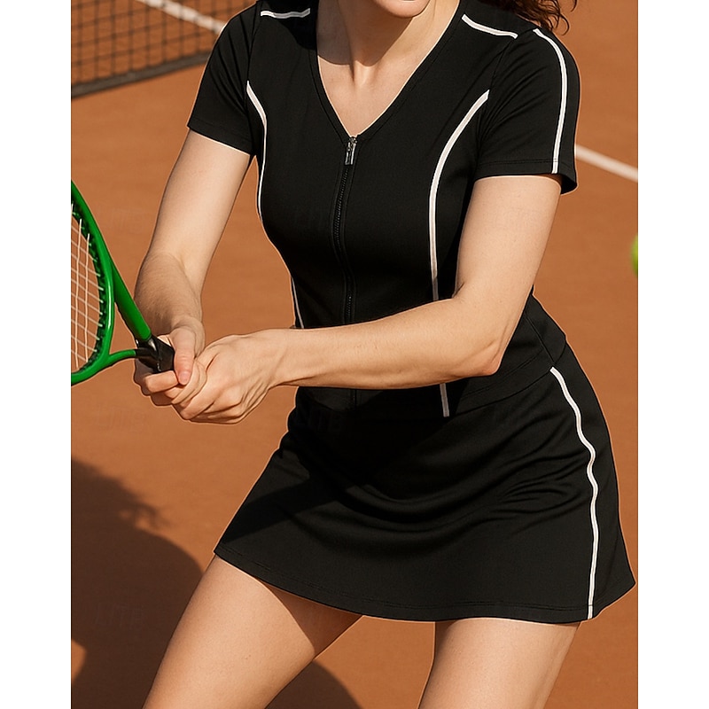 Women's Stripes Tennis Dress Short Sleeve Zipper 2 in 1 Breathable Tennis Pickleball Running V Neck Dress Black Cream Spandex Tennis Clothing