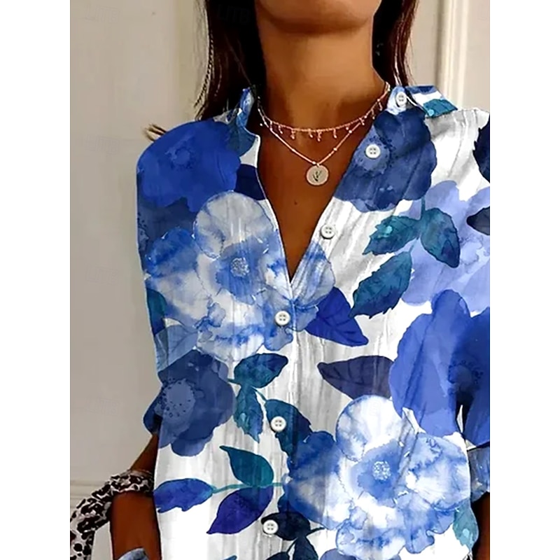 Women's Shirt Button Down Tunic Shirt Collar Long Sleeve Floral Graphic Leaf Vintage Tropical Daily Regular Tops Work Daily Holiday s Print Blue Spring2