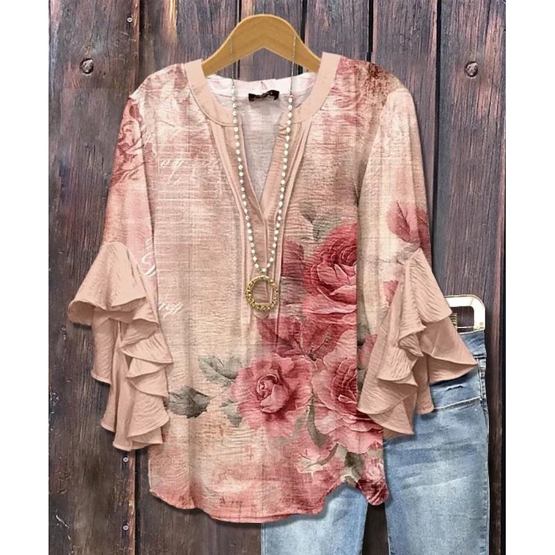 Women's Blouse V Neck Floral Graphic Paisley Bohemia Vintage Daily 3/4 Length Sleeve Flutter Sleeve Regular Tops Daily Holiday Vacation Wear Ruffle Print White Pink Green Beige Summer Spring Fall2