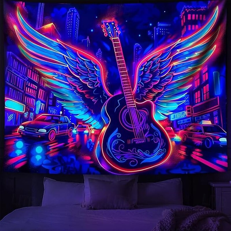 Blacklight Tapestry Glow in the Dark Glow Party UV Reactive Cyber Guitar Trippy Misty Modern City View Hanging Tapestry Wall Art Mural for Living Room Bedroom4