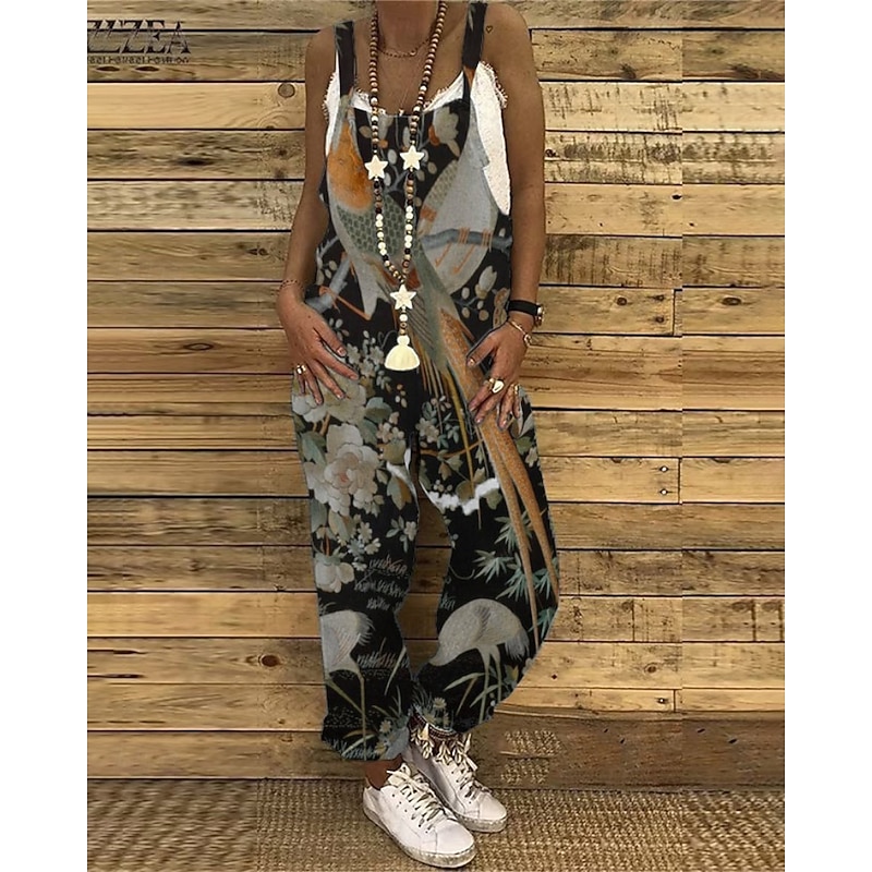Women's Normal Jumpsuit Casual Floral Sleeveless U Neck Print Street Holiday Regular Fit Dark Gray Summer