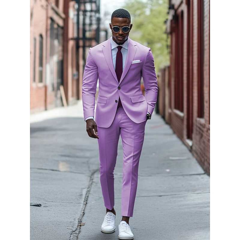 Men's Wedding Casual Party Suits Notch Lapel Purple Fashion Formal Solid Colored Standard Fit 2 Piece Single Breasted Two-buttons