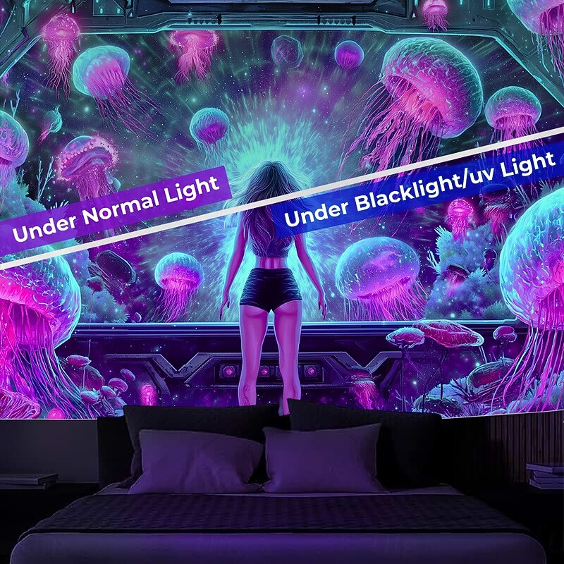 Blacklight Tapestry Glow in the Dark Glow Party UV Reactive Trippy Mountain Misty Mushroom Nature Landscape Hanging Tapestry Wall Art Mural for Living Room Bedroom2