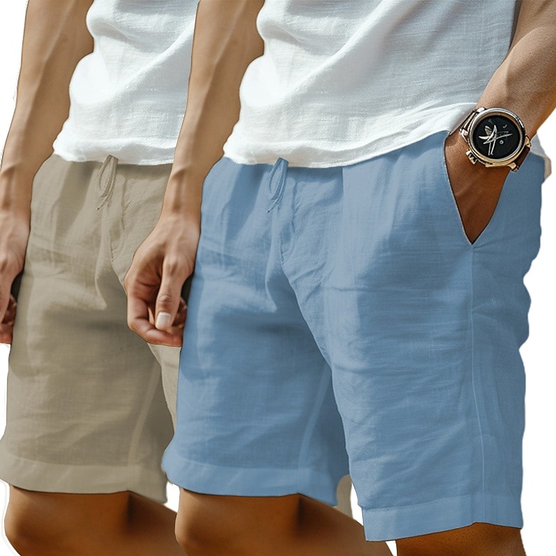 2 Pack Men's Shorts Linen Shorts Summer Shorts Beach Shorts Pocket Drawstring Elastic Waist Solid Color Plain Comfort Breathable Knee Length Casual Daily Holiday Vacation Fashion Green+Gray Black+Grey3