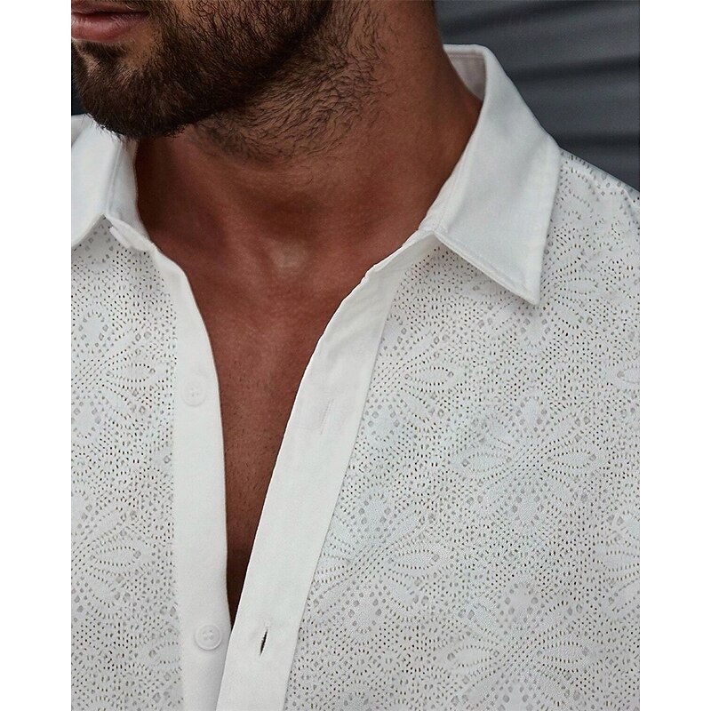 Men's Shirt Summer Shirt Casual Shirt Beach Shirt Button Up Shirt White Short Sleeve Plain Lapel Vacation Hawaiian Hollow Out Clothing Apparel Polyester Fashion Casual Comfortable3
