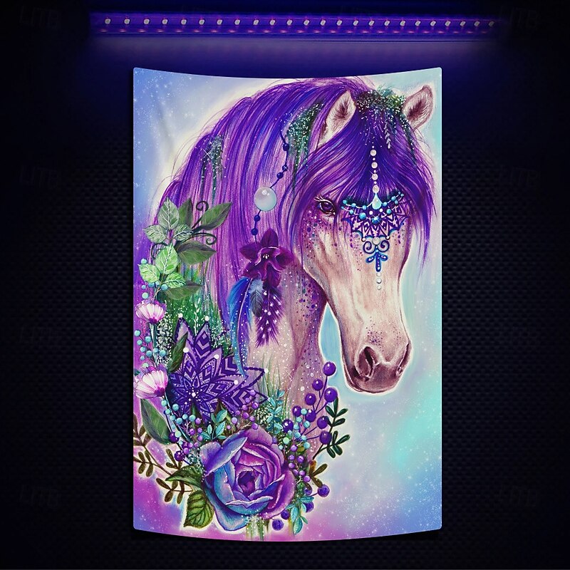 Sheena Pike Blacklight Tapestry Glow in the Dark Glow Party UV Reactive Trippy Misty Hanging Tapestry Wall Art Mural for Living Room Bedroom Gypsy Violet Horse