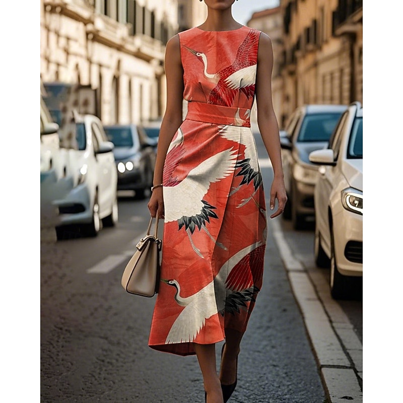 Women's Midi Dress Floral Dress Print Dress Elegant Fashion Vacation Holiday Going out Regular Fit Flower Sleeveless Crew Neck Wine Red Summer