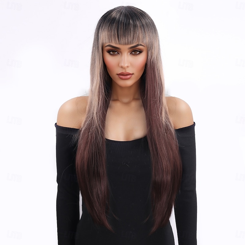 Synthetic Wig kinky Straight Natural Straight Layered Haircut With Bangs Machine Made Wig 28 inch A1 Synthetic Hair Women's Classic Comfortable Color Gradient Brown2