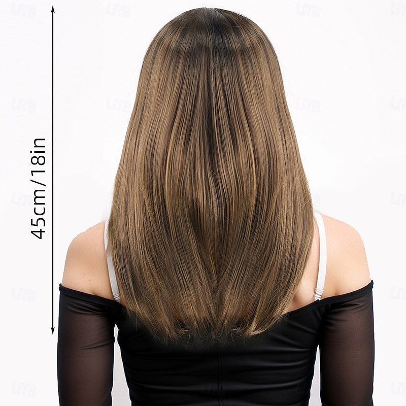 Synthetic Wig kinky Straight Natural Straight Asymmetrical Neat Bang Machine Made Wig 18 inch A1 Synthetic Hair Women's Classic Comfortable Color Gradient Brown2
