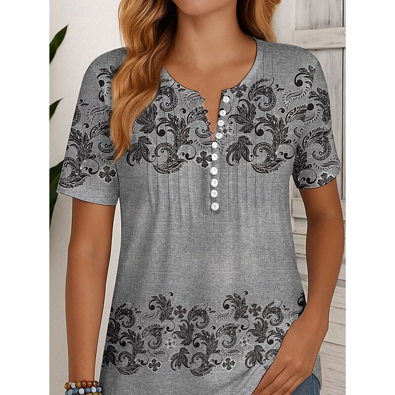 Women's T Shirt Floral Graphic Plants Vintage Stylish Classic Short Sleeve Round Neck Regular Tops Daily Weekend Beach Wear Smocked Buttons Print Red Purple Green Gray Summer Spring2